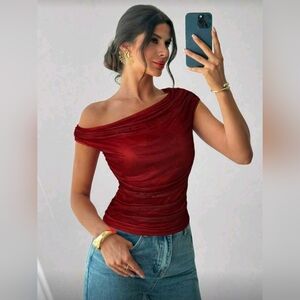 Firerie Women's Asymmetrical Shoulder Tie Dye Print Ruched T-Shirt Blouse